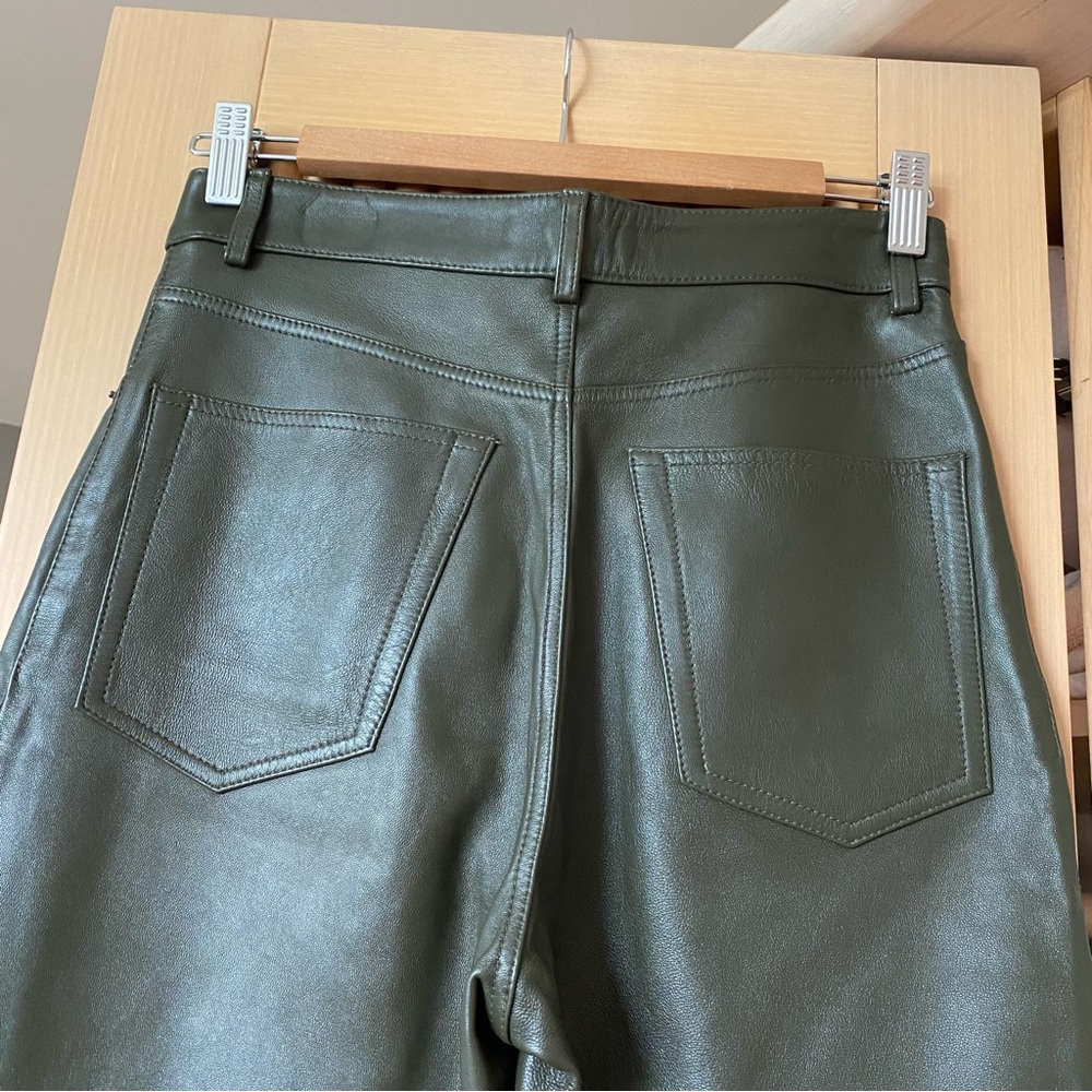 Zara limited edition leather straight leg pants olive green - Picture 11 of 16